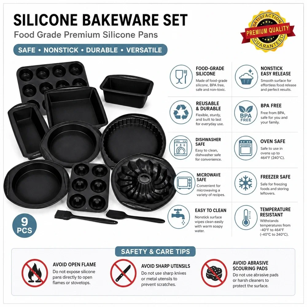 Aschef 9 Piece Silicone Bakeware Set Nonstick BPA Free Cake Muffin Donut Pans